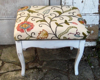 Antique Upholstered bench, white distressed wood bench, crewel fabric bench, ivory, olive green vines, coral blue, hand made, one of a kind
