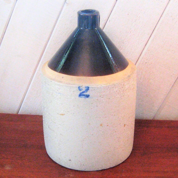 Antique crock jug, large brown glazed 2 gallon stoneware moonshine jar, 1800s, rustic primitive heavy salt glazed whiskey alcohol jug