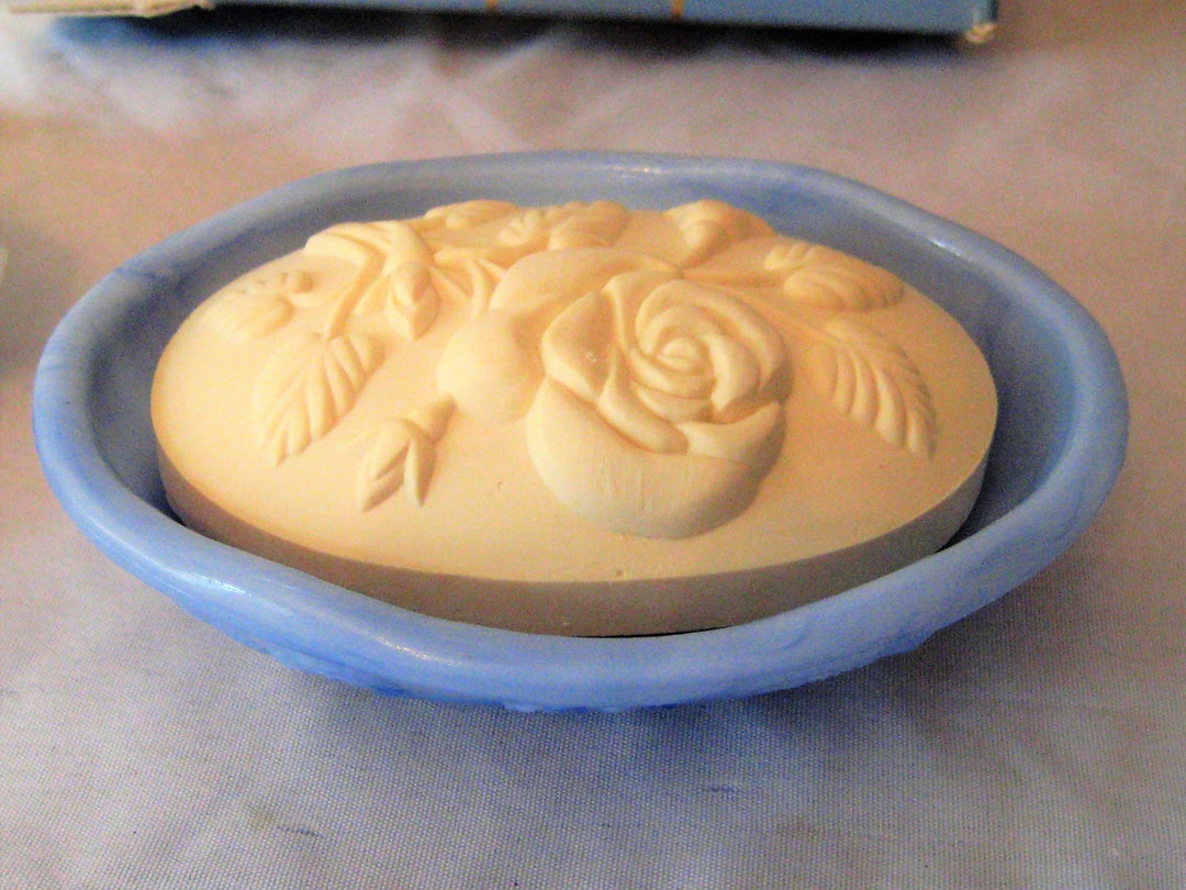 Vintage Blue Glass Soap Dish Embossed Decorative Floral Soap Etsy