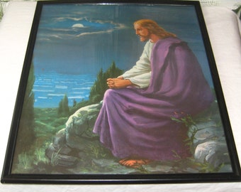 Vintage lithografie print van Jezus in de tuin van Gethsemane ingelijste religieuze afbeelding van biddende Christus, 17 x 21" grote muur hangende decor jaren '70