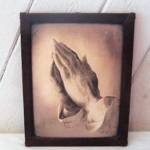 Vintage praying hands painting on chamois leather, leather suede brown frame, religious wall hanging decor, mid century, 1960s one of a kind