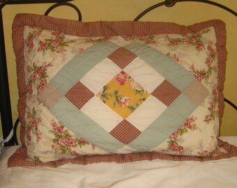 Pair of vintage pillow shams, pink floral red navy plaid, light gray blue yellow, quilted hand stitched, 80s 90s, standard, farmhouse decor