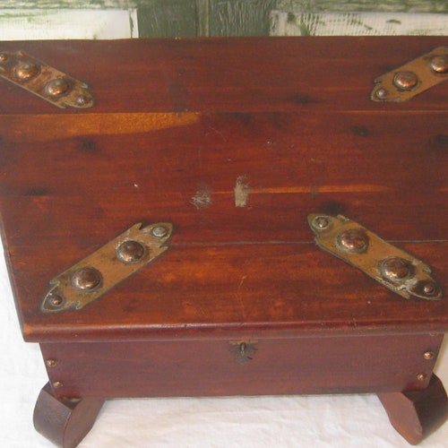 Antique shops large wood box, triangle shape, hinged lid, ornate copper hardware, decorative memory letter footed box, 20s 30s rare unusual unique