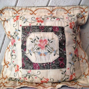 Vintage decorative pillow, embroidered cross stitched pillow, vintage hand made, bedroom pillow, romantic, upcycled, repurposed, floral