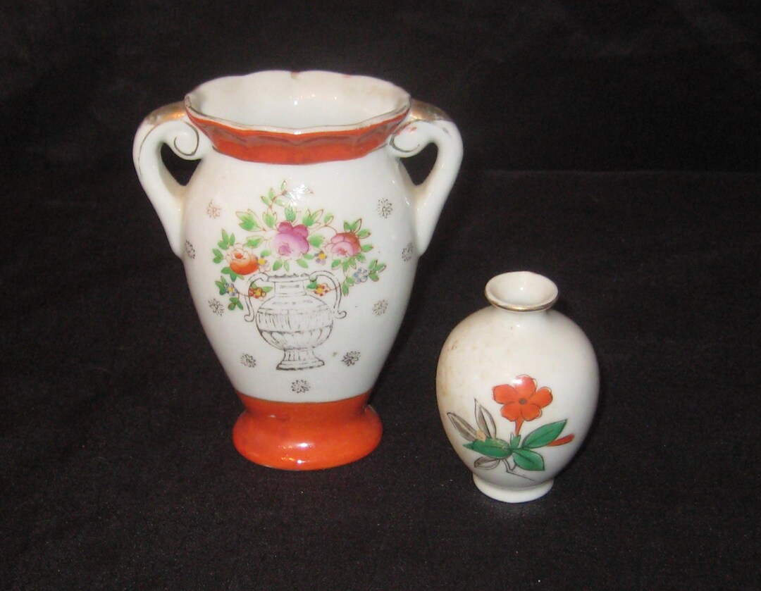 Pair of Antique Petite Vases, Small Double Handle Urn Vase, Orange ...