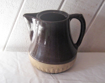 Antique stoneware pitcher, brown glazed large vase, 2 quarts, 8 cups, primitive rustic, 1800s, early 1900s, farmhouse decor