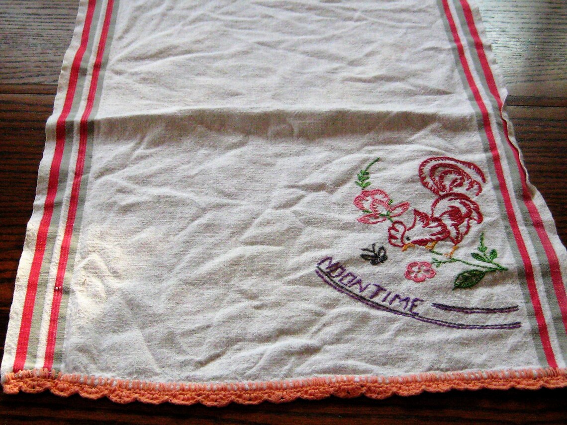 Set of antique kitchen tea towels embroidered white linen red Etsy