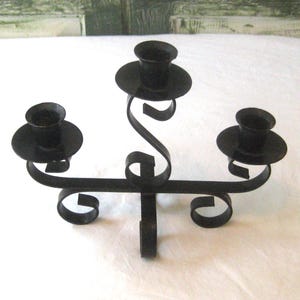 Vintage black wrought iron candlestick holder, small petite 3 taper candleholder ornate decorative curvy scrolled candelabra MCM mid century