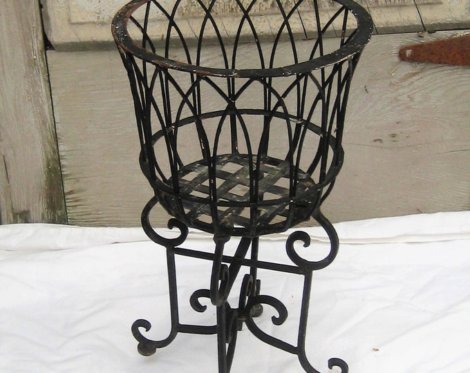 Vintage Cast Iron Plant Stand, Black Metal Pot Holder, Ornate