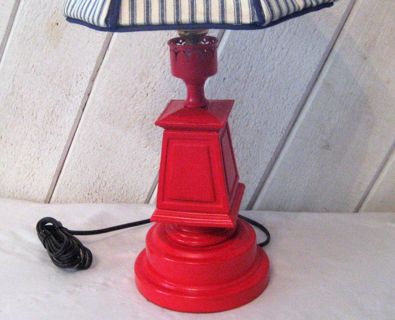 nautical beach decor vintage ticking fabric Red light hose lamp OOAK blue white striped lamp shade mid century upcycled vintage lamp