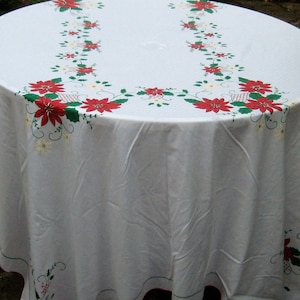 Large vintage rectangle Christmas tablecloth, white red poinsettias green holly leaves, 60s 70s, Christmas linens decor