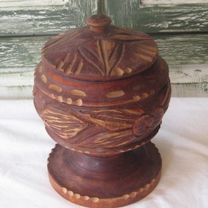 Hand carved round wood  pedestal box with lift off lid, dark wooden round box, decorative ornate, vintage hand made mid century 50s 60s OOAK