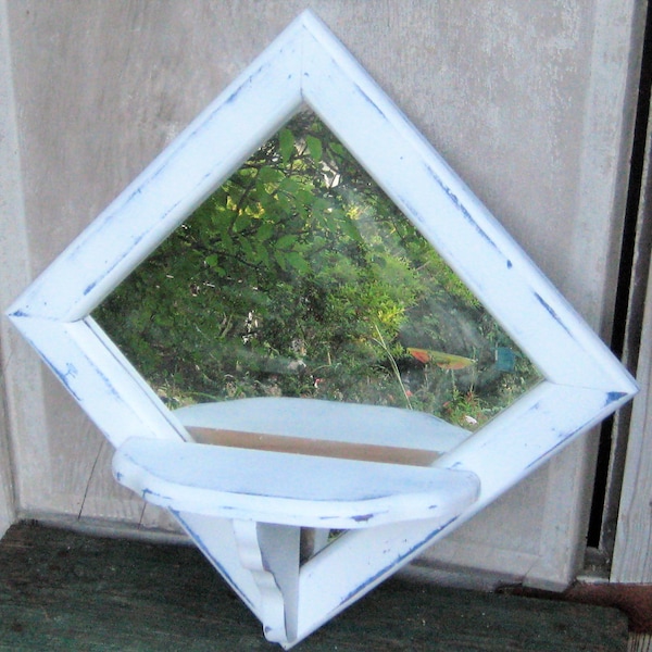 Vintage wood diamond shape wall mirror with shelf, farmhouse entryway foyer mirror, distressed white blue, rare unusual unique one of a kind