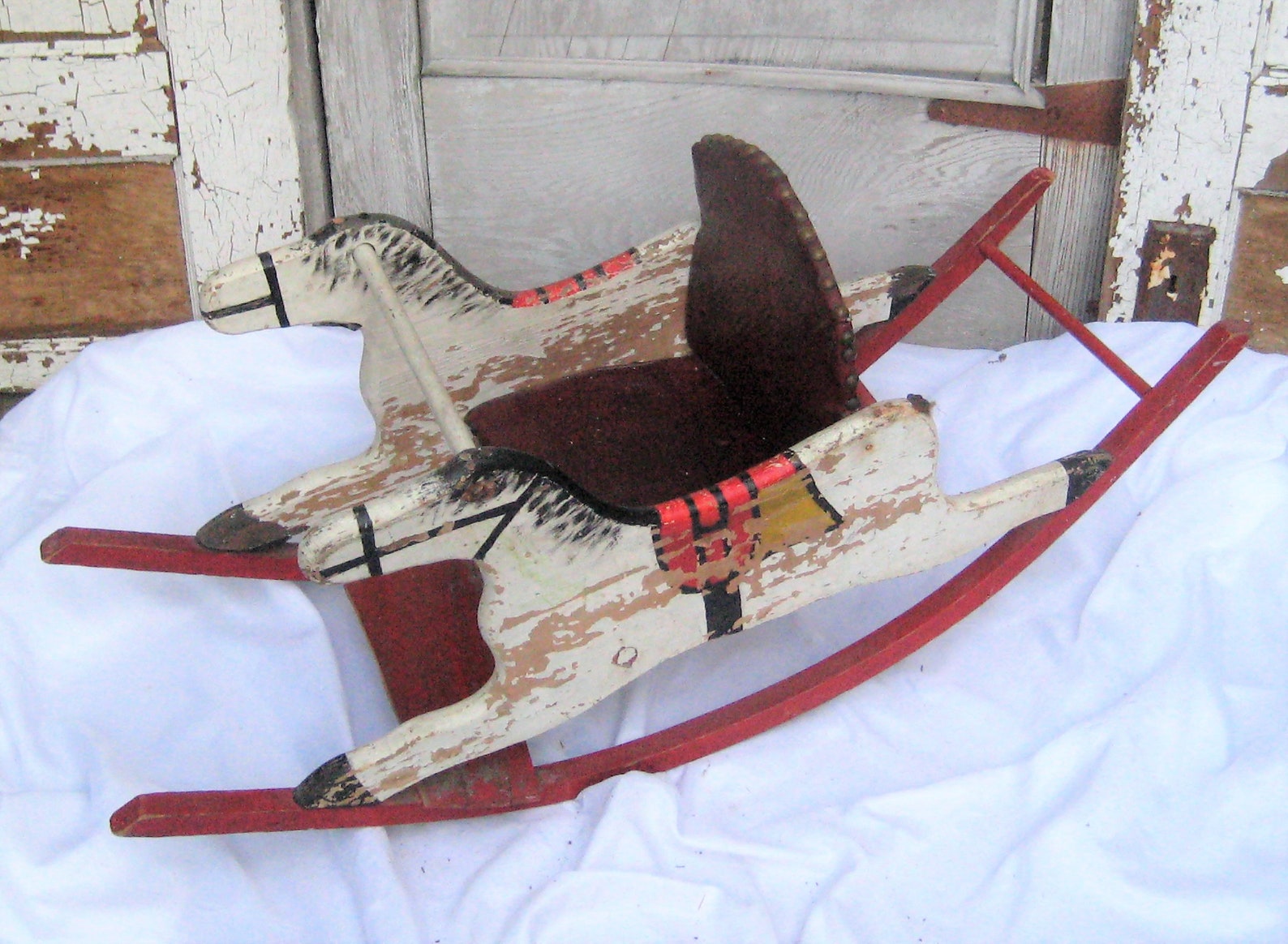 Antique Double Wood Rocking Horse Leather Seat Rocking Horse - Etsy