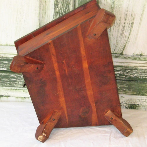 Antique shops large wood box, triangle shape, hinged lid, ornate copper hardware, decorative memory letter footed box, 20s 30s rare unusual unique