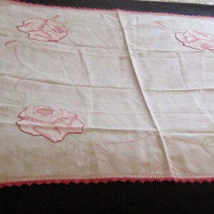 Small square embroidered tablecloth, large applique pink roses, white cotton table cover, vintage handmade done crochet trim, one of a kind