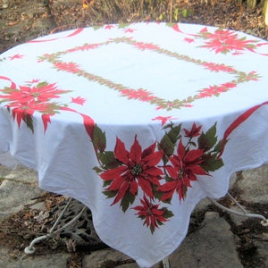 Vintage Christmas tablecloth, square tablecloth, red poinsettias, white olive green, mid century, 50s 60s, vintage Christmas decor