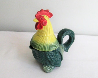 Vintage colorful rooster shaker creamer figurine statue, chicken hen retro kitchen, yellow green red, mid century 50s 60s farmhouse decor