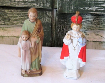 Vintage porcelain Infant of Prague, Joseph and child Jesus, religious alter decor, small, mid century 50s 60s, Christ child statue figurine
