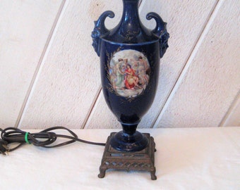 Antique cobalt blue ceramic table lamp, Victorian women urn shape with handles, brass metal base, ornate decorative farmhouse decor 20s 30s