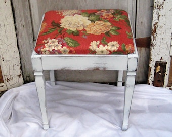 Antique piano bench, storage bench, white distressed bench, coral ivory upholstery, cabbage roses, farmhouse decor, one of a kind