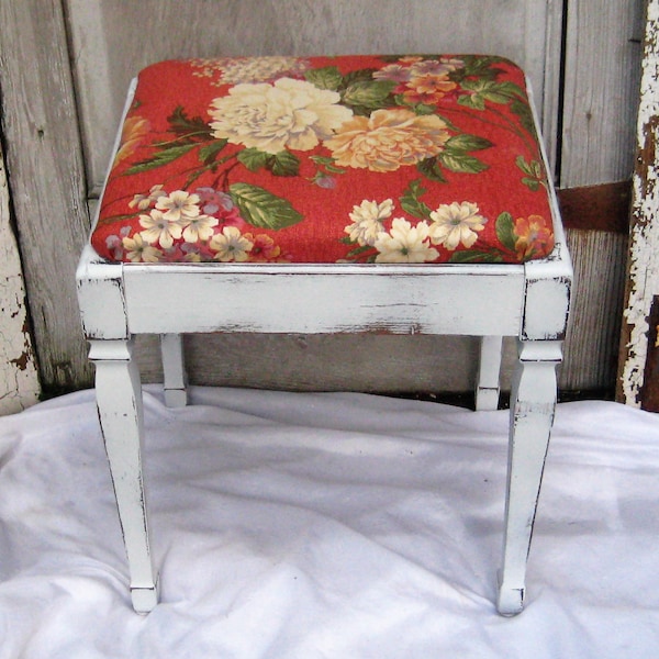 Antique piano bench, storage bench, white distressed bench, coral ivory upholstery, cabbage roses, farmhouse decor, one of a kind