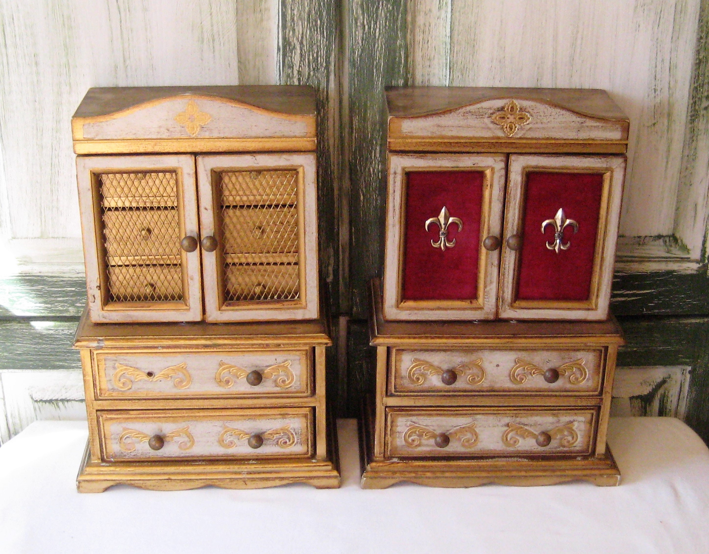 Vintage Gold Wood Distressed Florentine Jewelry Box, Cabinet