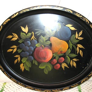 Vintage large black oval metal tray, tole hand painted, yellow orange fruits, blue grapes, avocado green leaves, serving decorative tray 50s
