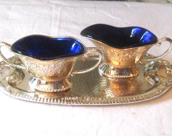 Petite silver plate creamer sugar bowl set on oval tray cobalt blue glass interior, small mid century made in Japan 50s 60s, personal use