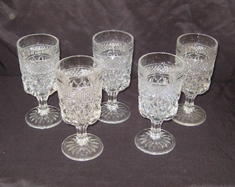 SIX Vintage clear glass stemmed glasses, water goblets tumblers, formal party glassware, 8 oz, diamond shapes, 19 available, mid century 60s
