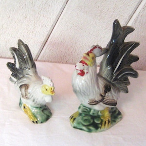 Antique ceramic rooster figurines, pair of rustic chicken hen statues, mid century 50s 60s, country farmhouse kitchen decor
