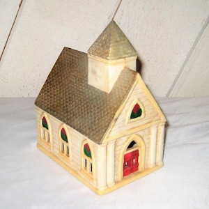 Christmas church votive candleholder, tealight stained glass windows, retired Partylite 80s 90s, ceramic church with steeple Christmas decor