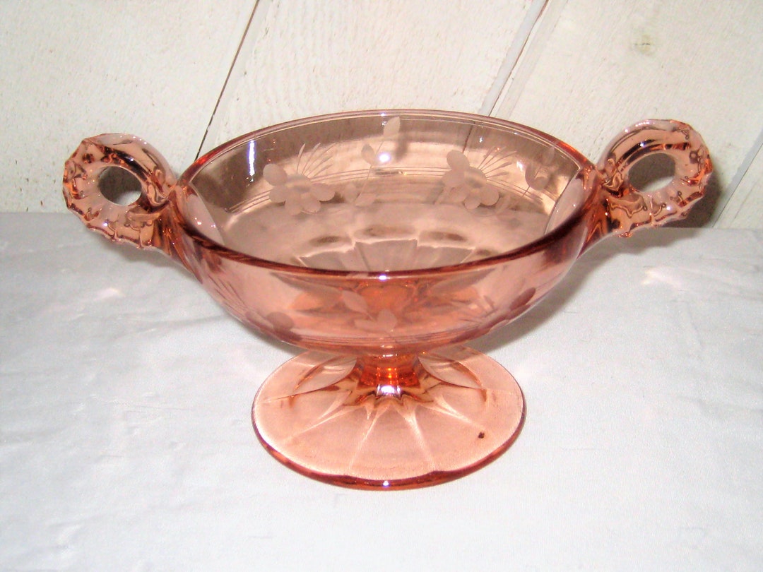 Pink Depression Glass Pedestal Bowl Urn With Glass Handles Etsy