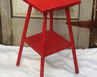 Antique tall red end table, wood plant stand, petite side table with shelf, mid century 40s 50s, rustic primitive distressed farmhouse decor