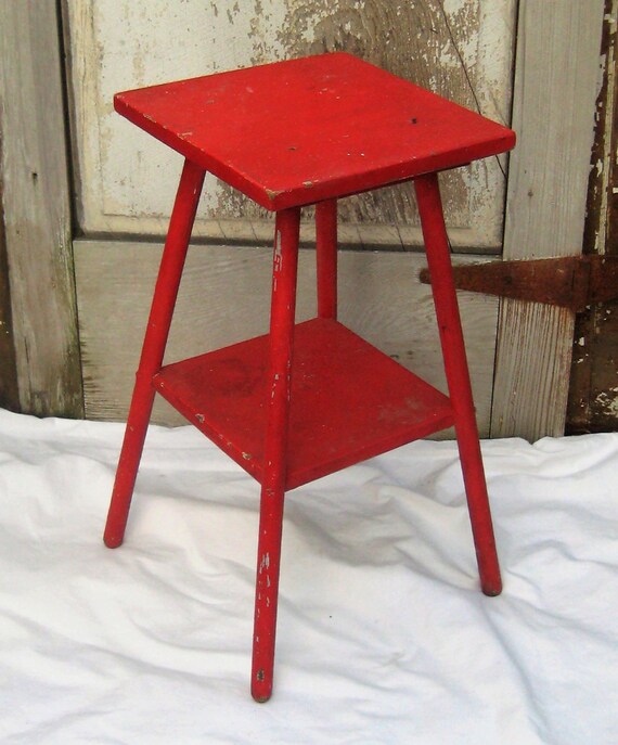 Antique Tall Red End Table Wood Plant Stand Petite Side Table