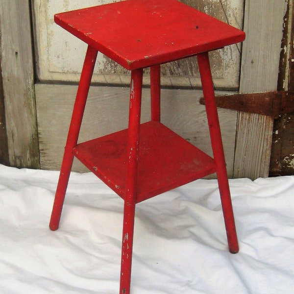Antique tall red end table, wood plant stand, petite side table with shelf, mid century 40s 50s, rustic primitive distressed farmhouse decor
