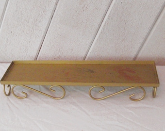 Vintage ornate gold shelf, single metal wall table top shelf, scrolled curvy supports, mid century 50s 60, rustic distressed farmhouse decor
