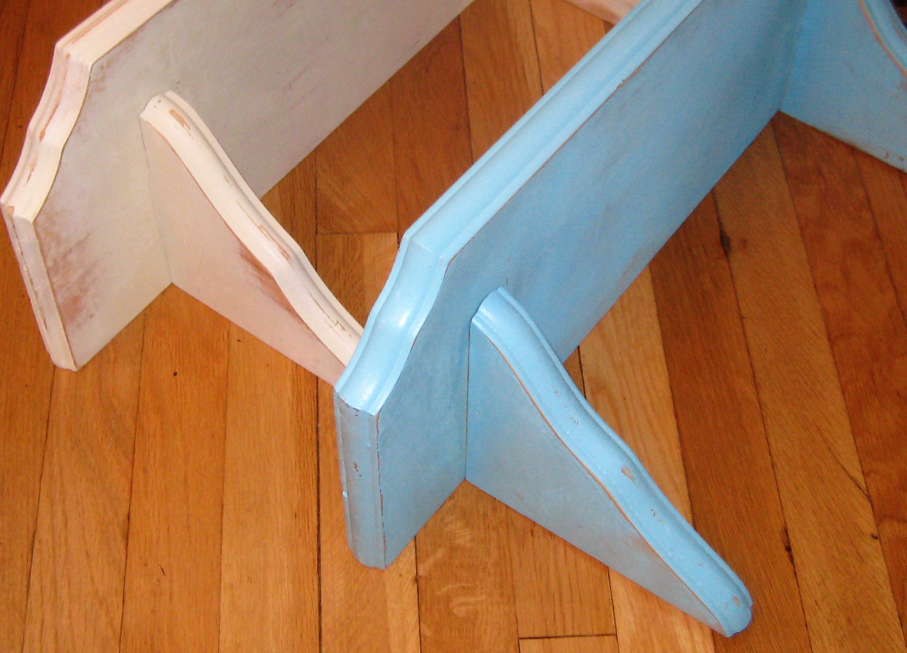 Vintage solid wood shelf, ivory, aqua blue distressed shelf, plate display shelf, 2 foot kitchen, bedroom shelf, shabby farmhouse decor OOAK