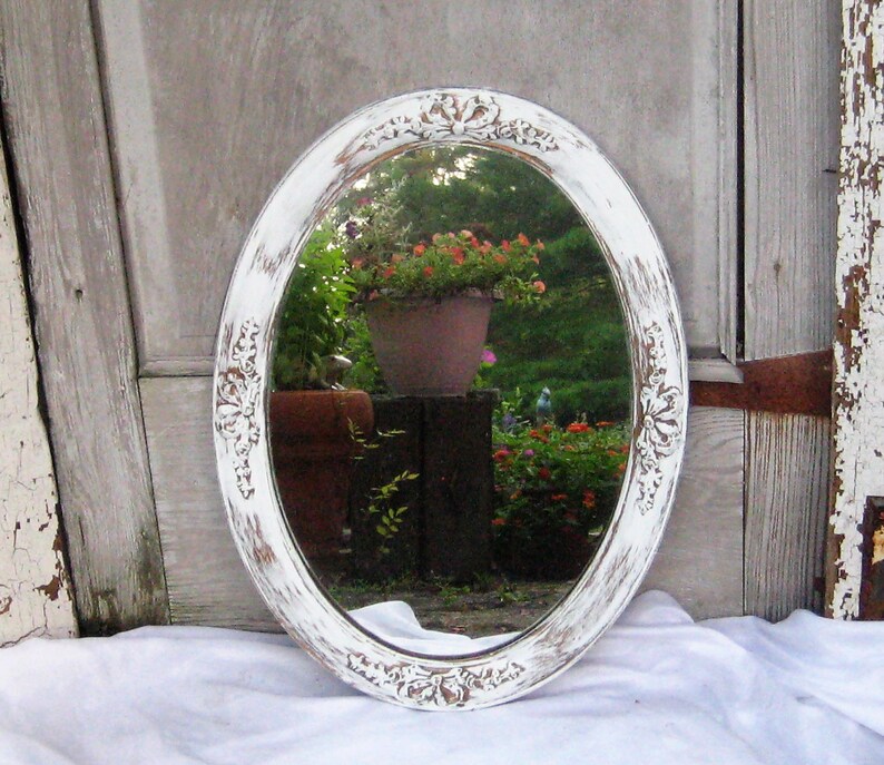 Antique Oval Mirror White Distressed Wooden Ornate Round Decorative Rustic Entryway Hall Bedroom Bathroom Ooak