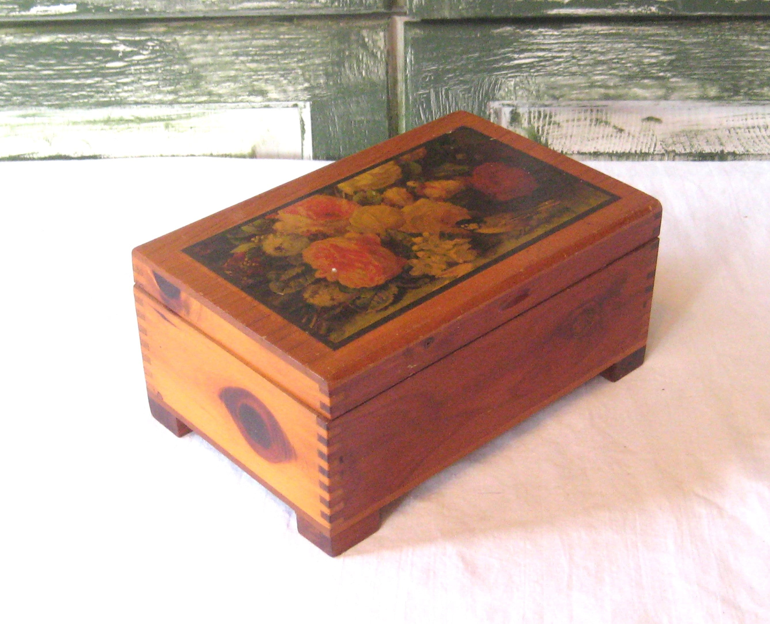 Antique Wooden Box, Hinged Decoupaged Lid Dovetail Corners