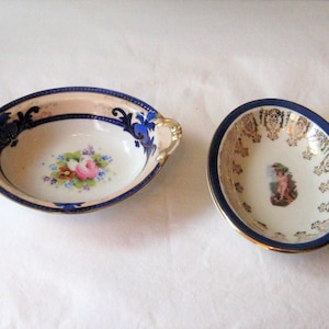 Antique shallow bowls, small cobalt blue, gold filigree, pink roses, angel cherub, Noritake, Syracuse China made in USA, Japan, mid century