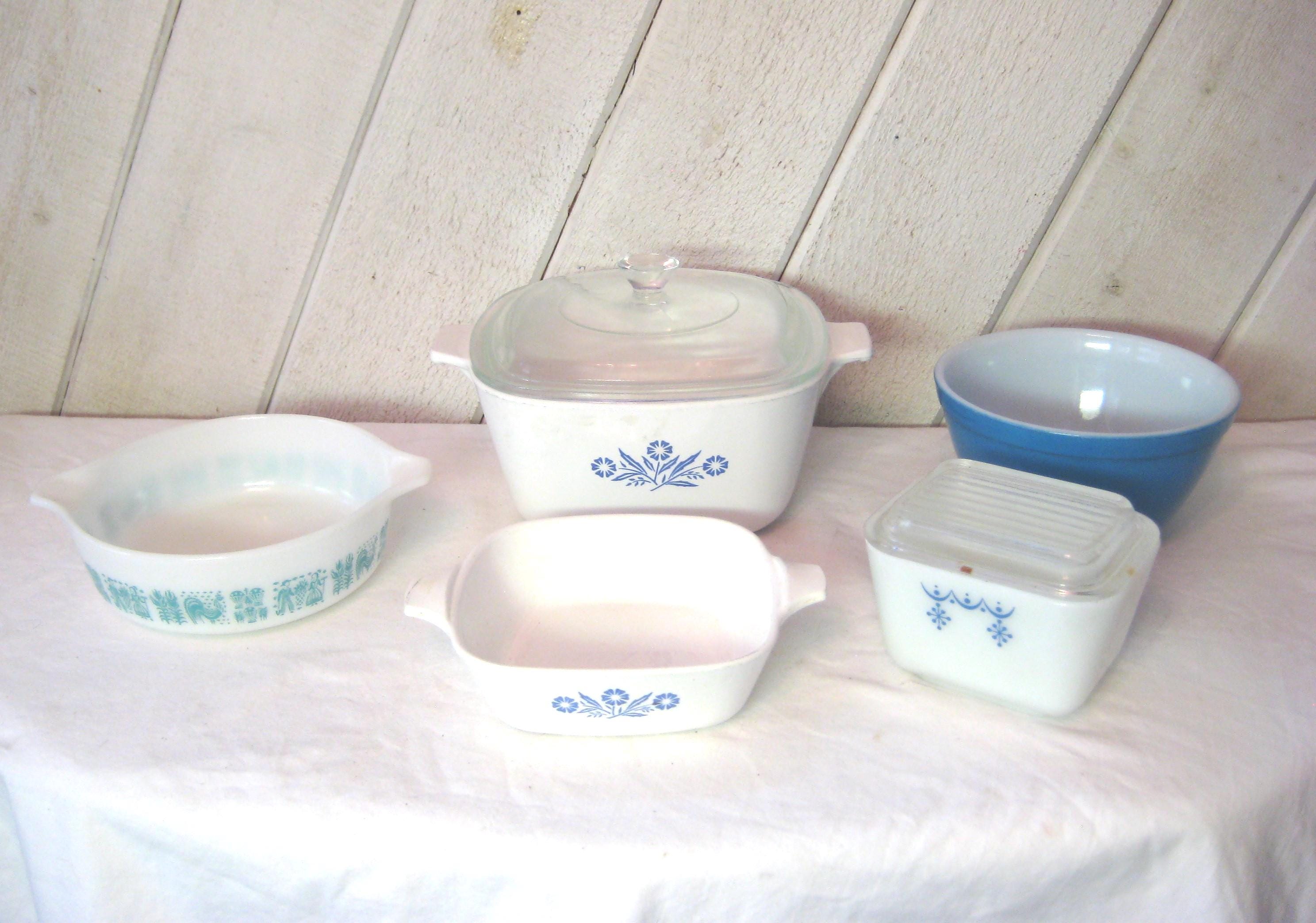 Vintage Pyrex blue nesting bowl casserole dishes, pair white corning ware, made in USA, mid century 50s 60s, clear glass lids