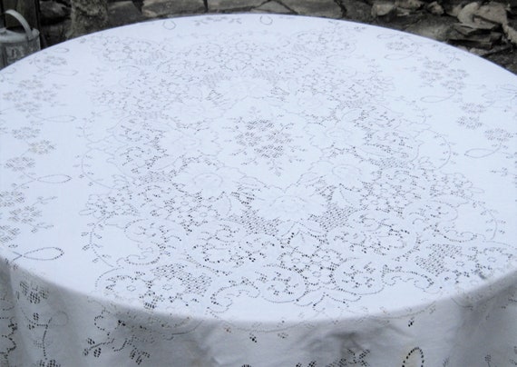Antique lace tablecloth, rectangle off white cream cotton 70 x 86", mid century 50s 60s, 6 person table, farmhouse decor not perfect