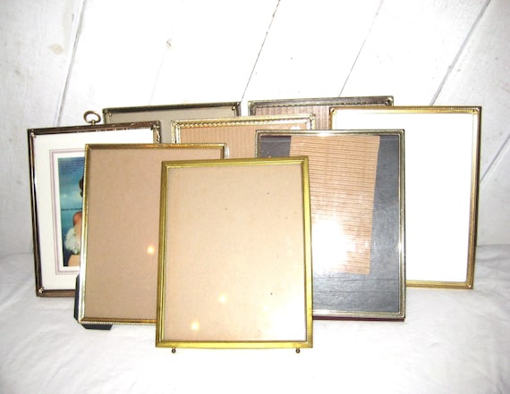 Vintage 8 x 10 inch brass picture frame, ornate decorative filigree plain corner brackets, thin gold metal frame school photos portrait pics