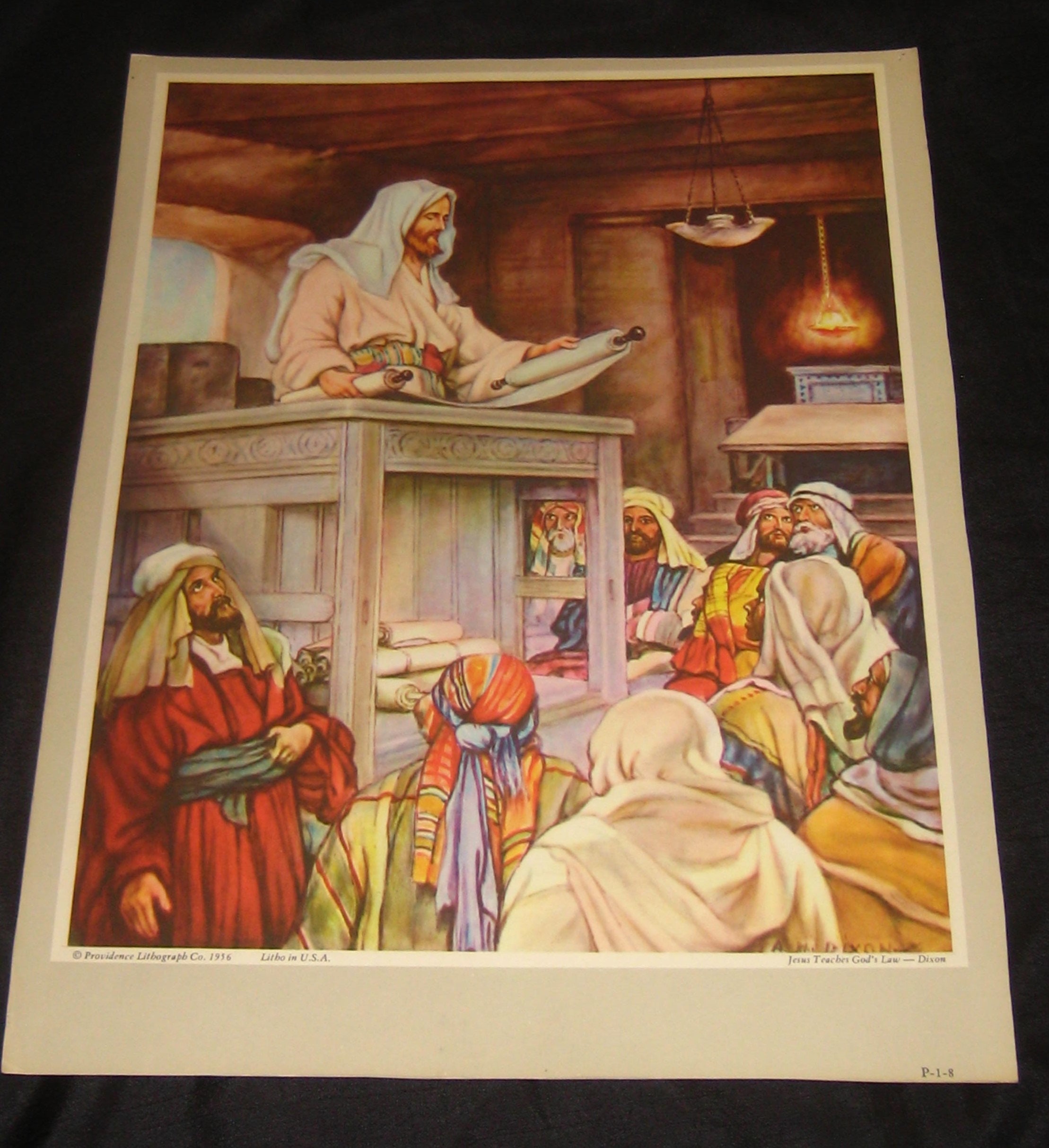Antique religious lithograph, Jesus teaches God's law, Christ in temple, bright colors, wall hanging decor mid century 1950s