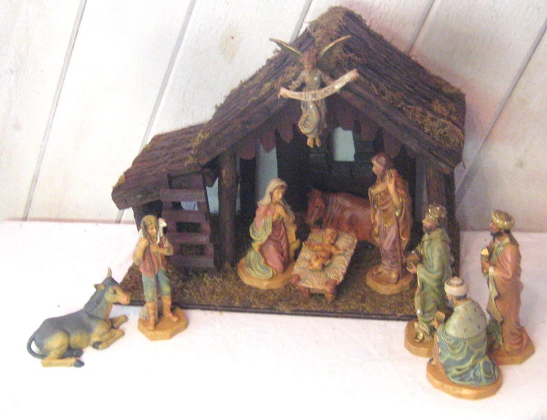 Vintage Large Nativity Set, Wood Manger Plastic Figurines, Box Set