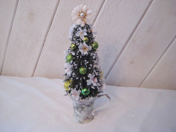 Decorated Bottle Brush Tree Lime Green And White Tree Etsy