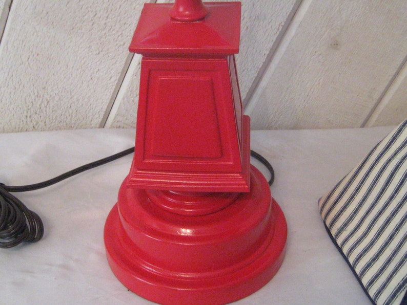 nautical beach decor vintage ticking fabric Red light hose lamp OOAK blue white striped lamp shade mid century upcycled vintage lamp