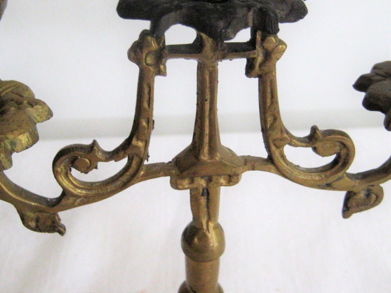 Ornate brass candelabra, heavy metal candlestick holder, holds 3 taper candles, decorative centerpiece, filigree mid century farmhouse decor image 9