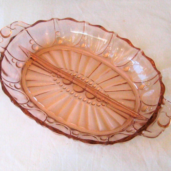 Pink depression glass divided dish, oblong oval, decorative ornate platter shallow bowl, 30s 40s, hors D oeuvre vintage formal serving